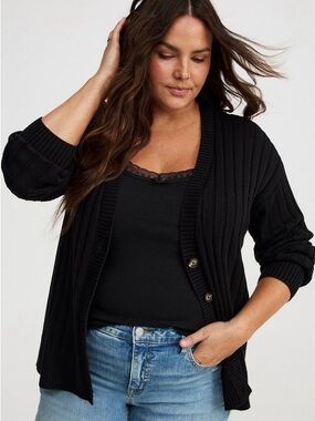 Torrid Black Ribbed V-Neck Button Front Sweater Cardigan